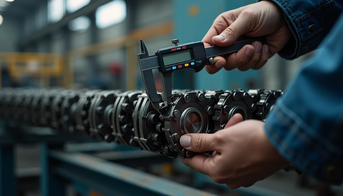 Technical quality control inspection of chain and gear components at the factory