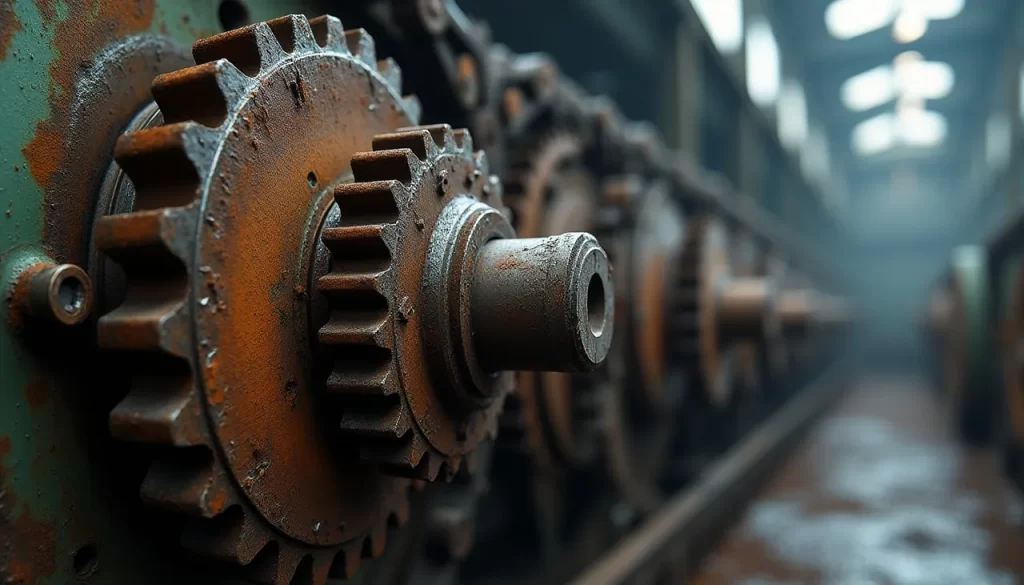 Industrial gear and chain exposed to corrosion in a humid factory environment