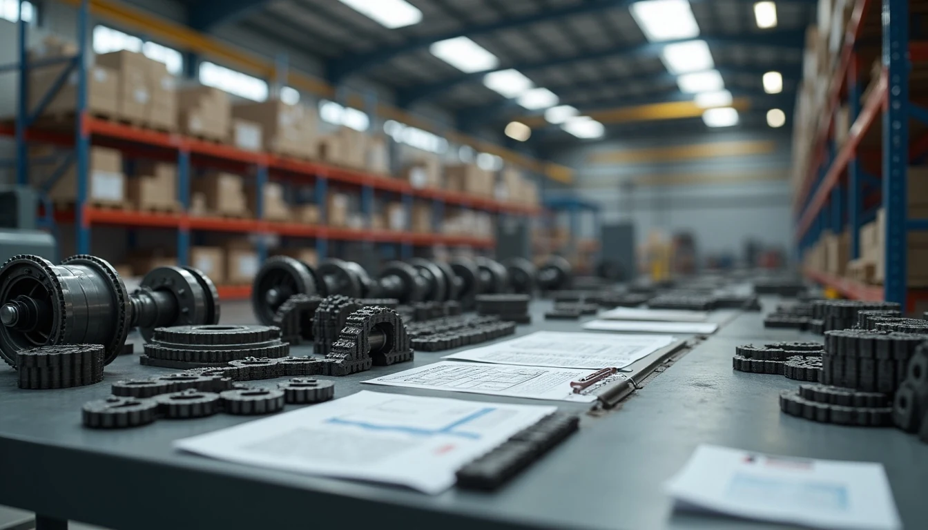 Maintenance and stock management scene illustrating industrial chain and gear supply planning